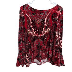 Chico's Velvet Top Women's 2 Flare Sleeve Paisley Round Neck Velour Red